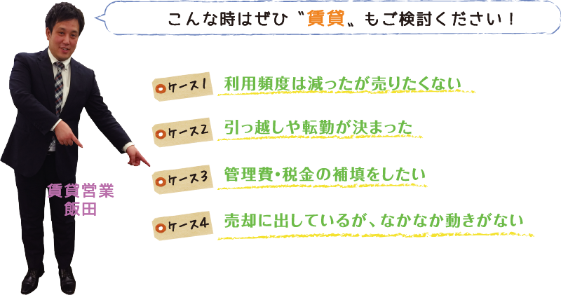 こんな時はぜひ〝賃貸〟もご検討ください！ケース1：利用頻度は減ったが売りたくない、ケース2：引っ越しや転勤が決まった、ケース3：管理費・税金の補填をしたい、ケース4：売却に出しているが、なかなか動きがない